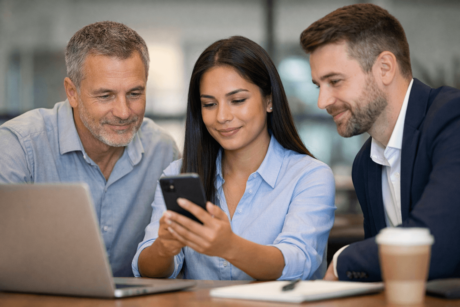 Trabajadores revisan en conjunto un dispositivo móvil en entorno de oficina, representando el uso de teléfonos personales para el control de asistencia conforme a la nueva doctrina de la Dirección del Trabajo, con énfasis en consentimiento, costos y protección de datos.
